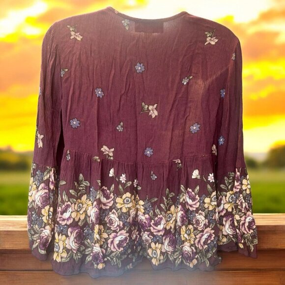 Boho V-Neck Embroidered Floral Blouse Top - Size XS - Picture 2 of 4